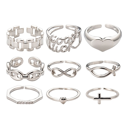 9Pcs 9 Style Brass Cuff Rings, Open Rings, Long-Lasting Plated, Heart & Fish & Octagon & Infinity & Cross & Rectangle & Coffee Bean Chain & Word Good Luck