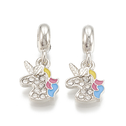Alloy European Dangle Charms, with Rhinestone and Enamel, Large Hole Pendants, Unicorn, Platinum