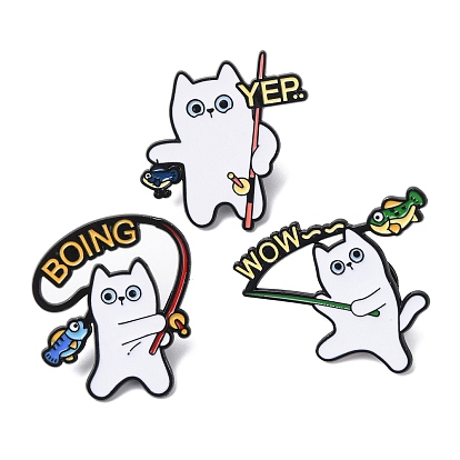Эмалевые значки с изображением белой кошки на рыбалке, булавки для лацканов из сплава для одежды рюкзака
