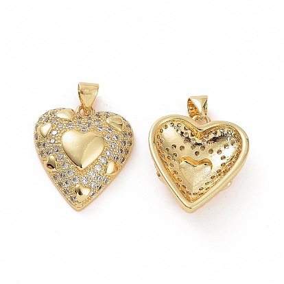 Brass Micro Pave Clear Cubic Zirconia Pendants, Cadmium Free & Lead Free, Heart