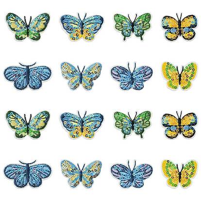 16 шт. 8 стили полиэстеровые термонашивки на одежду, с хлопком и пп пайетками, бабочка