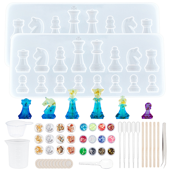 Silicone Chess Shaped Mold Kits, Resin Jewelry Making, Include Wooden Craft Sticks, Sequins/Paillettes, Measuring Cup & 304 Stainless Steel Beading Tweezers