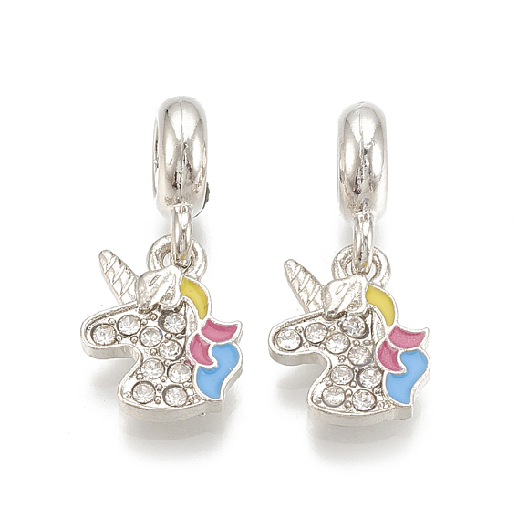 Alloy European Dangle Charms, with Rhinestone and Enamel, Large Hole Pendants, Unicorn, Platinum
