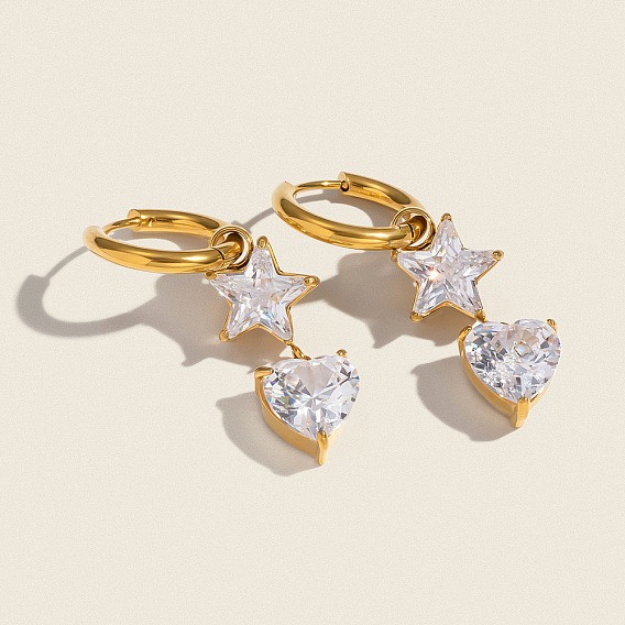 304 серьги-кольца из нержавеющей стали в форме звезды и сердца, с четким кубического циркония