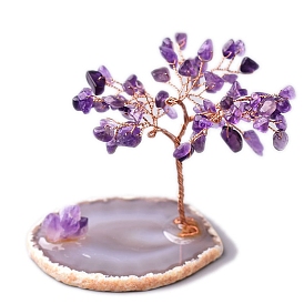 Natural Amethyst Chips Tree Decorations, Natural Agate Base Copper Wire Feng Shui Energy Stone Gift for Home Desktop Decoration