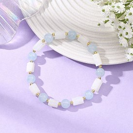 8MM Round Natural White Moonstone and Column Dyed White Jade Beaded Stretch Bracelets, Golden