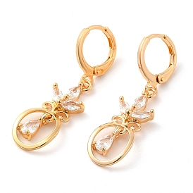 Rack Plating Golden Brass Dangle Leverback Earrings, with Cubic Zirconia, Butterfly