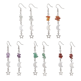 Серьги-подвески в виде латунной луны со звездами, с натуральными драгоценными камнями и пресноводными бусинами из ракушек, старинное серебро и платина