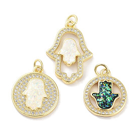 Brass Micro Pave Clear Cubic Zirconia Pendants, with Synthetic Opal and Jump Rings, Real 18K Gold Plated, Hamsa Hand Charms