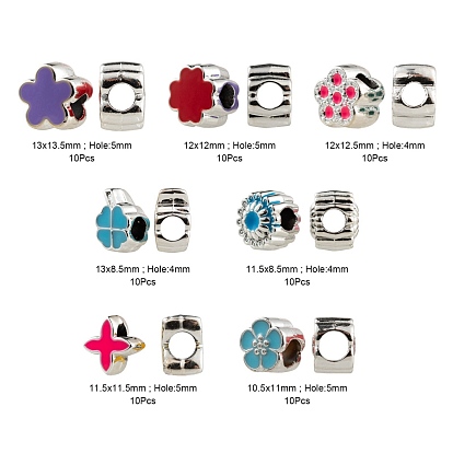 70Pcs 7 Style Flowers & Plants Series UV Plating Acrylic European Beads, with Enamel, Large Hole Beads, Clover & Letter X & Flower & Flower with Concave Dots