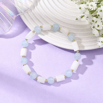 8MM Round Natural White Moonstone and Column Dyed White Jade Beaded Stretch Bracelets, Golden
