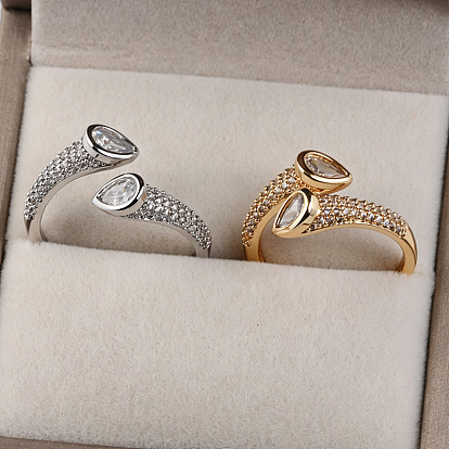 Brass Micro Pave Cubic Zirconia Cuff Open Rings, Teardrop