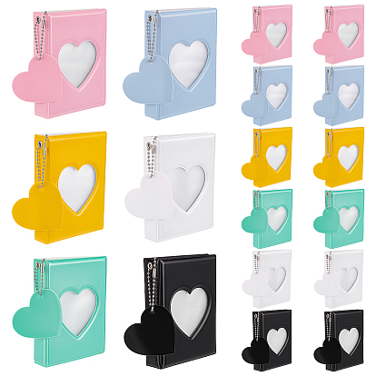 18 Sets 6 Colors PVC Mini Photo Album, Plastic Photocard Holder with Pockets, Ball Chain, for Photocard ID Storage, Rectangle with Heart Charms