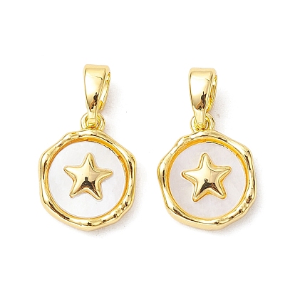 Rack Plating Brass Pave Shell Flat Round Charms with Star, Seashell Color