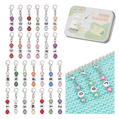 26шт 26 стили буква a~z акриловые подвесные маркеры для петель, подвески крючком, с цинковым сплавом застежками омаров коготь, плоско-круглые