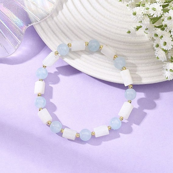 8MM Round Natural White Moonstone and Column Dyed White Jade Beaded Stretch Bracelets, Golden