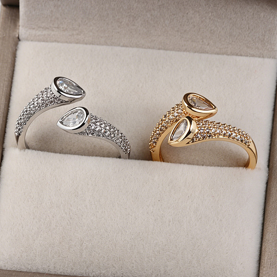Brass Micro Pave Cubic Zirconia Cuff Open Rings, Teardrop