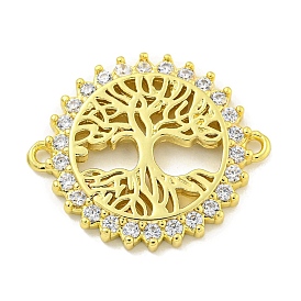 Rack Plating Brass Micro Pave Cubic Zirconia Tree of Life Links, Flat Round Connector Charms, Long-Lasting Plated, Cadmium Free & Lead Free