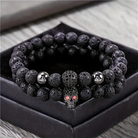 Nature Lava Rock Beaded Bracelet Set, with Metal Skull Beads, Birthday Easter Gift for Men