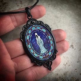 Alloy Glass Pendant Necklaces, Oval with Ghost