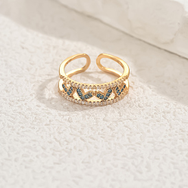 Brass Micro Pave Cubic Zirconia Cuff Open Rings, Heart, Wide Band Rings, Golden