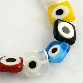 Square Handmade Evil Eye Lampwork Beads Strands, 10x10x4mm, Hole: 1mm, about 38pcs/strand, 14.5 inch
