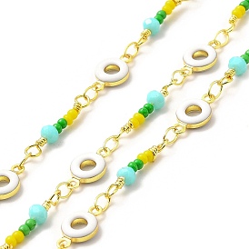 Handmade Glass Beaded Chains, with Brass Enamel Donut Links, Soldered, with Spool, Cadmium Free & Lead Free