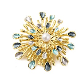 Flower Alloy Brooches, Sunflower Enamel Pins, with Imitation Pearl Beads, Golden