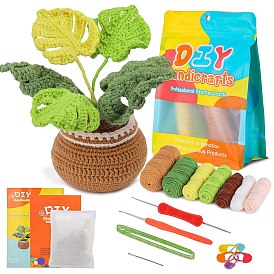 DIY Monstera Leaf Planter Knitting Kits for Beginners, including Acrylic Fiber Yarn, Instruction, Needle, Stitch Markers, Crochet Hook, Fiberfill, Iron Wire, Crochet Needle