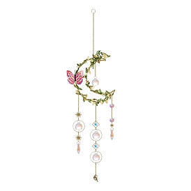 Metal Moon & Plastic Leaf Hanging Ornaments, Glass Tassel Hanging Suncatcher for Home Garden Porch Decoration