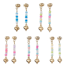 5 pares 5 colores dorados 304 aretes colgantes con forma de corazón de acero inoxidable, con cuentas de semillas de vidrio