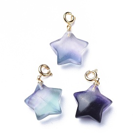 Carved Natural Fluorite Pendants, with Brass Spring Ring Clasps, Long-Lasting Plated, Star