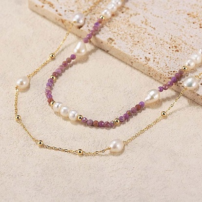 Natural Lepidolite & Pearl Beaded Double Layer Necklaces, with 925 Sterling Silver Chains