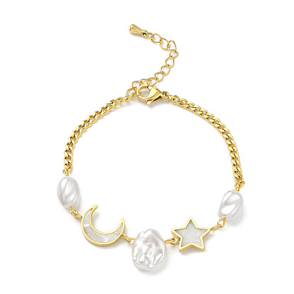 Natural Shell Moon & Star Link Bracelet, Ion Plating(IP) 304 Stainless Steel Jewelry for Women