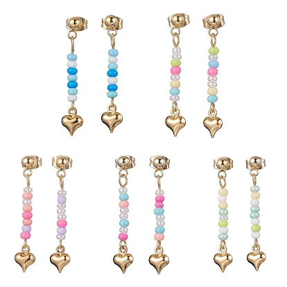 5 pares 5 colores dorados 304 aretes colgantes con forma de corazón de acero inoxidable, con cuentas de semillas de vidrio