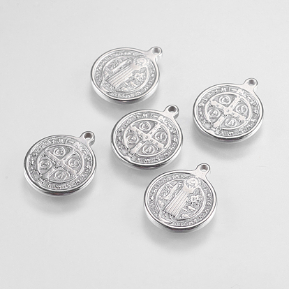 304 Stainless Steel Pendants, Flat Round with Saint Benedict