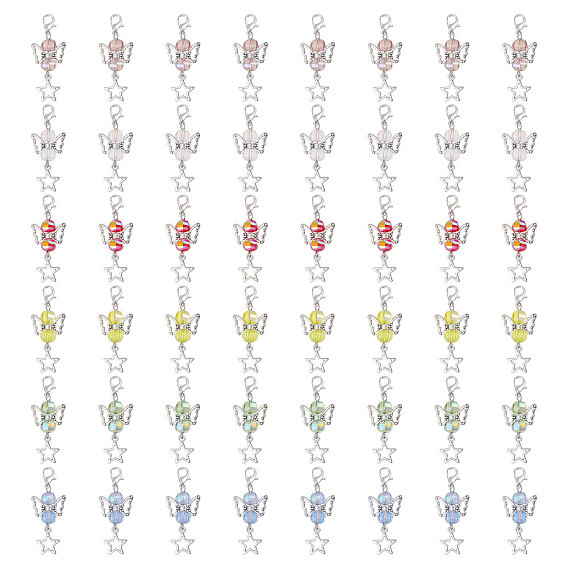 48 шт 6 цвета прозрачные гальванические стеклянные подвесные украшения, с застежками-карабинами и бусинами из сплава, ангел и звезда