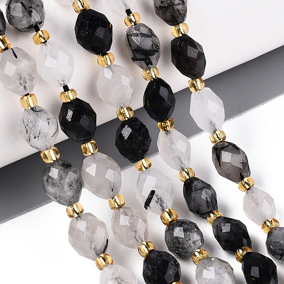 Натуральные турмализированные кварцевые бусинки, граненые, овальные, с бисером