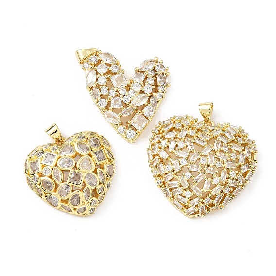 Латунные микропаве прозрачные подвески с фианитом, сердце, без свинца и без кадмия, долговечный, стойки покрытие