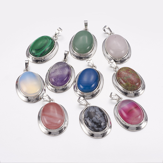 Gemstone Pendants, with Platinum Tone Alloy Findings, Oval