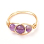Copper Wire Wrapped Natural Gemstone Braided Bead Rings for Women, Real 18K Gold Plated