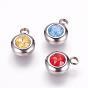 304 Stainless Steel Charms, Flat Round with Glass Rhinestone, Stainless Steel Color