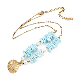 Summer Beach 304 Stainless Steel Shell Shaped Pendant Satellite Chain Necklaces for Women, with Dyed Natural Shell