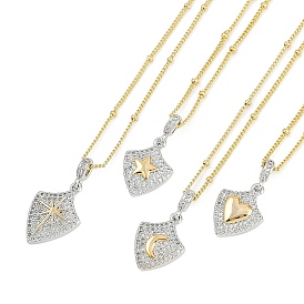 Brass Micro Pave Clear Cubic Zirconia Shield Pendant Satellite Chain Necklaces for Women, Real 18K Gold Plated & Platinum