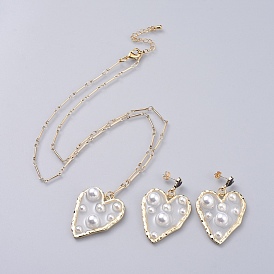 Epoxy Resin Dangle Earring & Pendant Necklace Jewelry Sets, with Enamel, ABS Plastic Imitation Pearl, Alloy and Brass Bar Link Chains, Heart