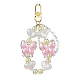 Butterfly Heart Acrylic Pendant Decoration, ABS Plastic Imitation Pearl Beads and Alloy Swivel Clasps Charms for Bag Ornaments