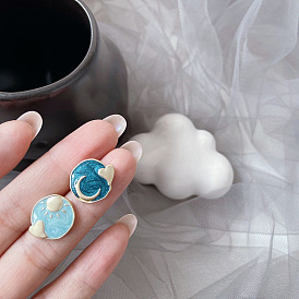 Abela Jewelry Xingyue Asymmetrical Silver Needle Stud Earrings Cloud Blue Love Drop Oil Contrast Color Earrings Female