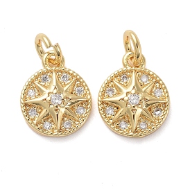 Brass Micro Pave Clear Cubic Zirconia Charms, with Jump Rings, Flat Round with Star
