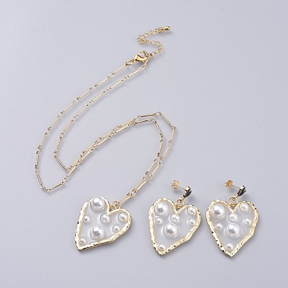 Epoxy Resin Dangle Earring & Pendant Necklace Jewelry Sets, with Enamel, ABS Plastic Imitation Pearl, Alloy and Brass Bar Link Chains, Heart