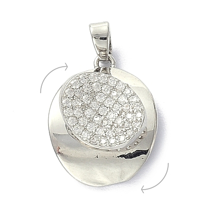 Brass Micro Pave Clear Cubic Zirconia Pendants, Rotatable, Oval
